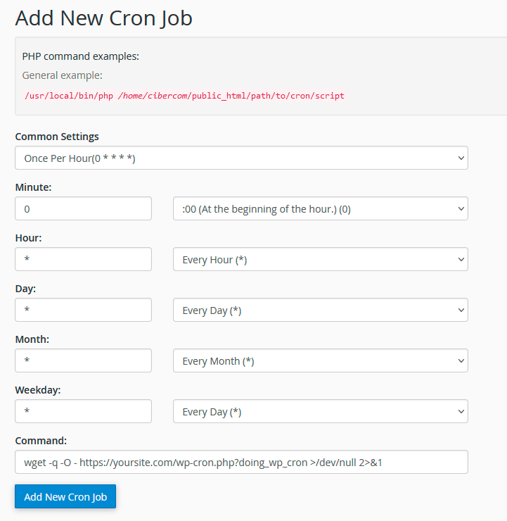 Add new cron job in cPanel